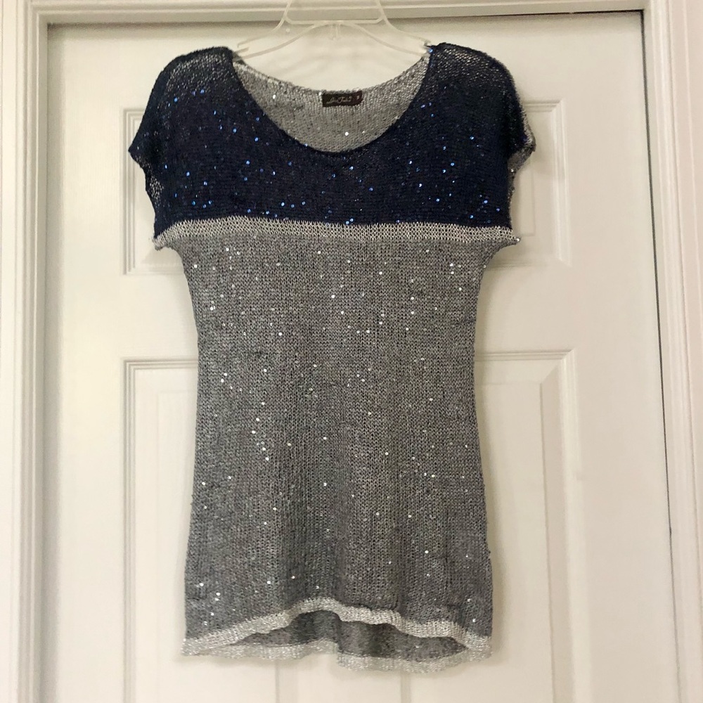 Lara Fabio Designer Scoop Neck Metallic Crochet Knit Sparkly Sweater Blouse